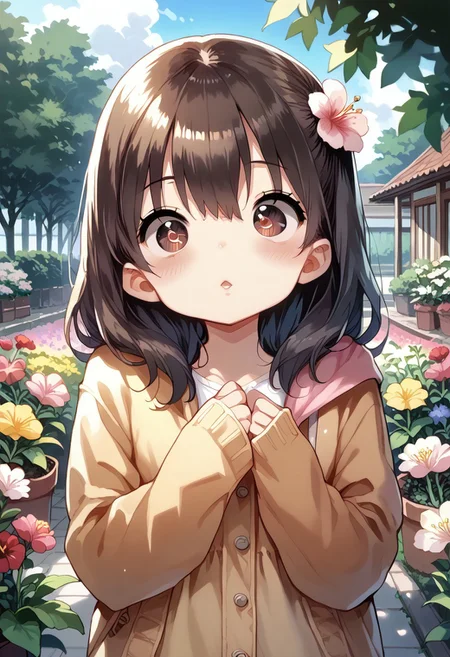 score_9, score_8_up, score_7_up, source_anime, masterpiece, absurdres, perfect face, solo cute expression, perfect face, PonsukeP, 1girl, solo, dark hair, dark brown eyes, bright eyes, split lips, blush, cute, garden, day, flowers.