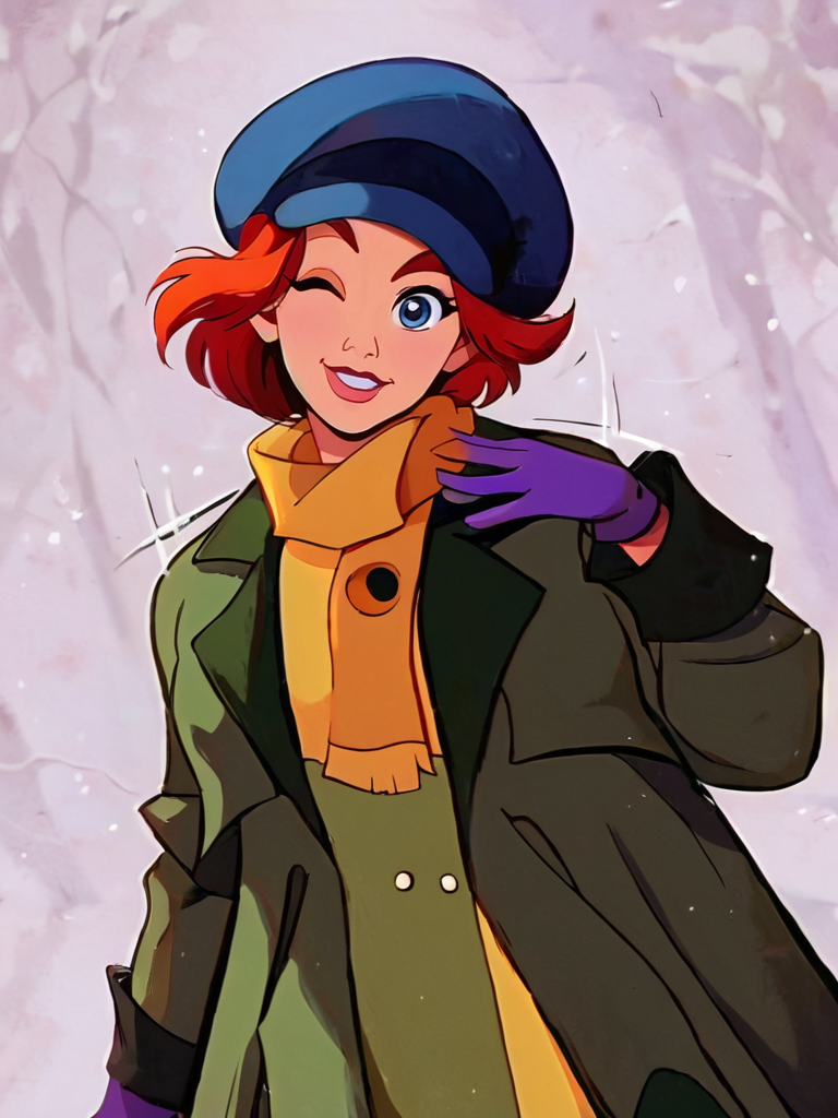 score_9, score_8_up, score_7_up, AnastasiaXLP, short hair, red hair, blue eyes, coat, scarf, hat, gloves, motion lines, covered nipples, smile, one eye closed, curvy, medium breasts, looking at viewer, cowboy shot, dynamic pose, cute, solo, dutch angle, front, retro artstyle, disney art style,
 <lora:AnastasiaXLP_character:1>