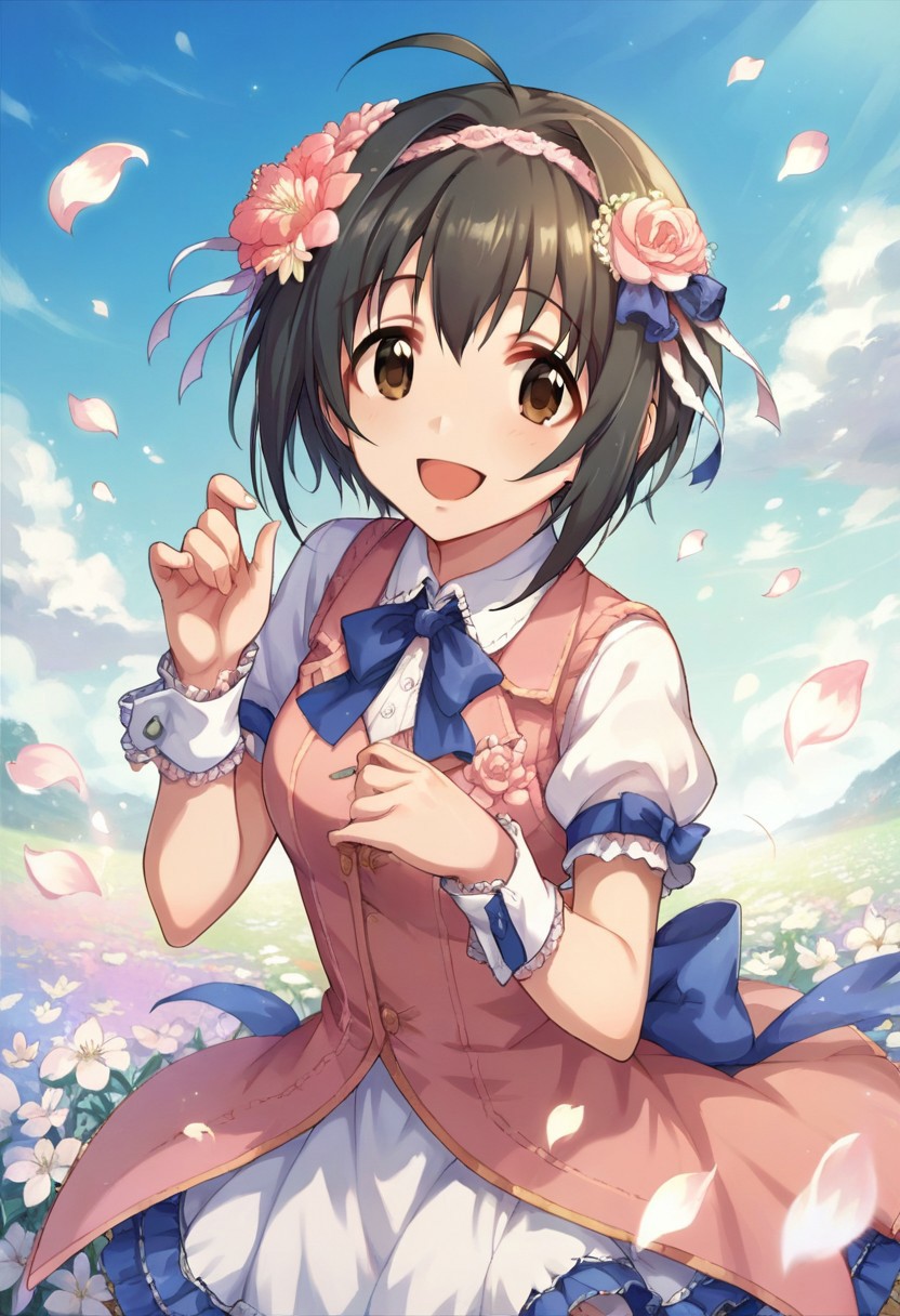 score_9, score_8_up, score_7_up, source_anime,kohinata miho, short hair, black hair, ahoge, brown eyes, 1girl, solo, hairband, hair ornament, smile, wrist cuffs, flower, open mouth, petals