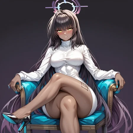 score_9, score_8_up, score_7_up, source_anime, expressive, anime, Artist speedlines, dynamic, Basic Instinct Pose, B4sic1nstinctP0se, basic_instinct_(movie),  1woman, (Karin_(Blue Archive)), (dark-skinned_female:1.2), yellow eyes, looking at viewer, facing viewer, dress, turtleneck, sitting, on_chair, crossed_legs, bare_legs, high_heels, blush, blushing, embarrassed, dark background