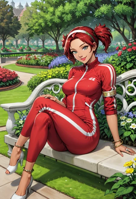 1girl, solo, curvy  body, attractive figure , medium  breasts, very dark skin , grey eyes , red  short twintails hair with headband, armlet ,anklet ,ring , eyelashes ,lipstick, pink lips  , seductive smile,happy, reclining, sitting, legs up , against railing, outside, garden, park, grass, flowers, track suit
