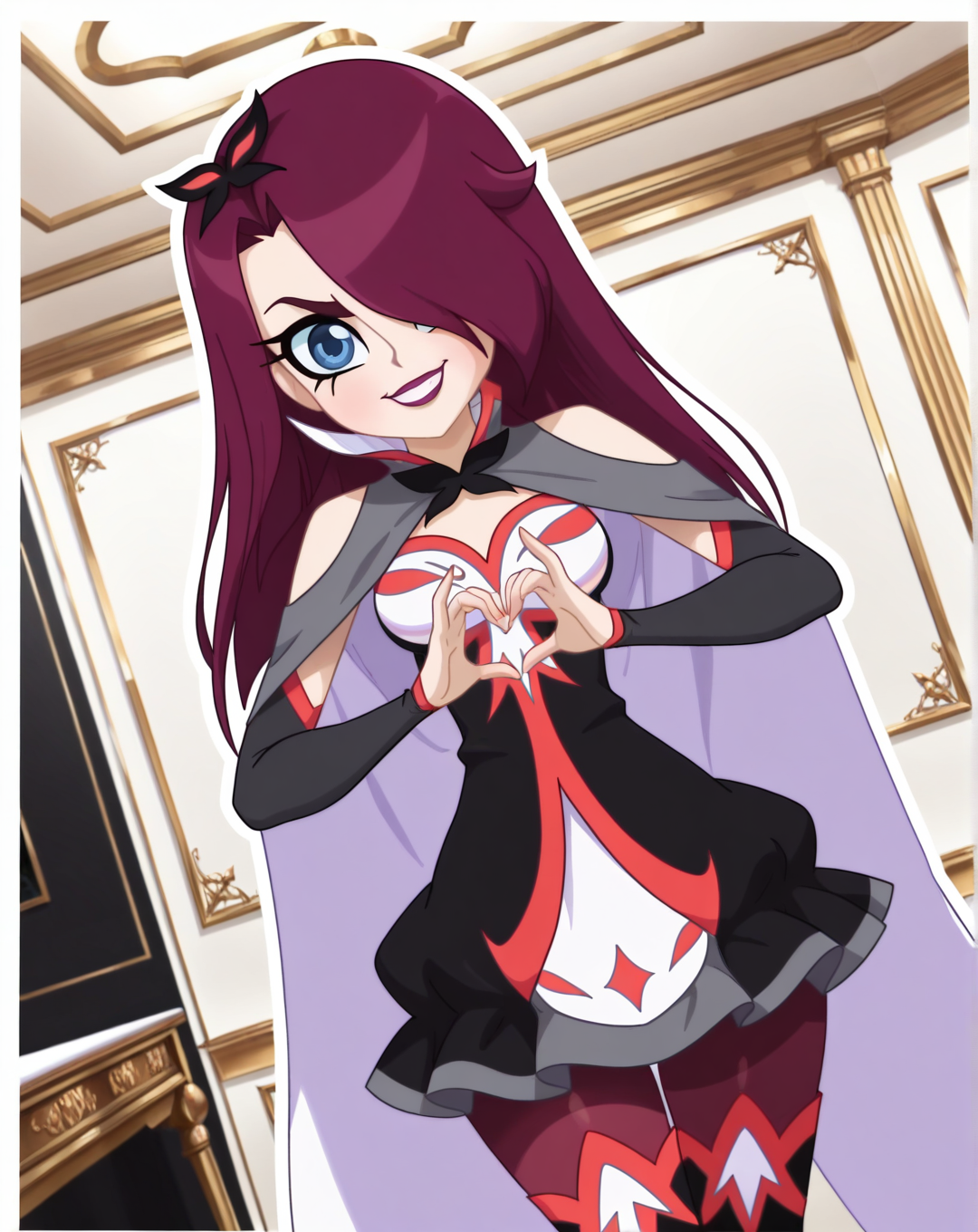 masterpiece, best quality, amazing quality, very aesthetic, absurdres, newest, solo, PraxinaZYN, 1girl, solo, purple hair, long hair, hair over one eye, blue eyes, makeup, lipstick, hair ornament, (dress, cape, shoulder cutout, detached sleeves, pantyhose, thigh boots), cowboy shot, looking at viewer, beautiful, ((beautiful face, beautiful eyes)), breasts, Wide Hips, Big thighs, standing,(smile, dutch angle, naughty pose, looking at viewer, indoors, elegant room, solo, dynamic pose, full_body, head tilt,),((white background, White frame, white outline))