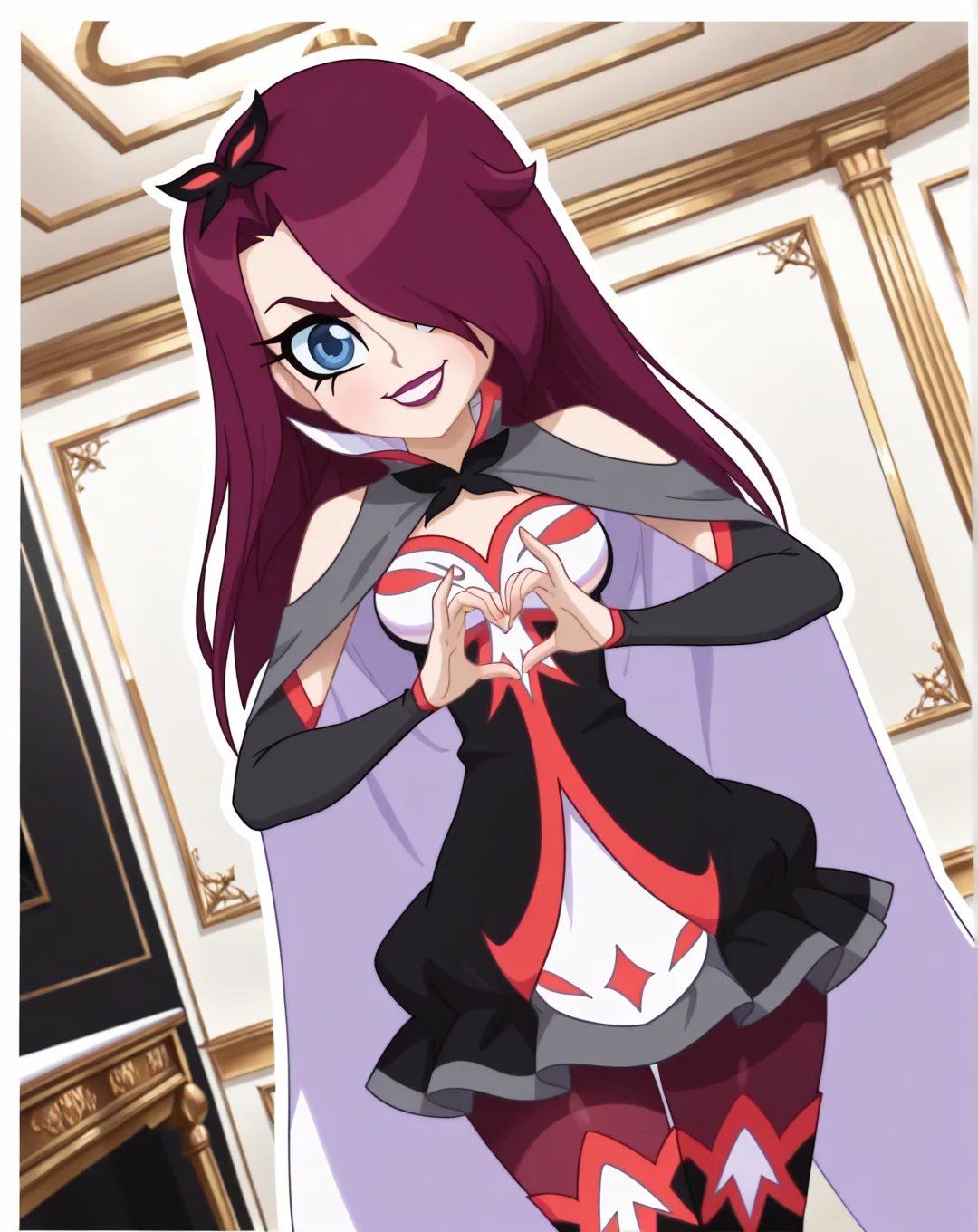 masterpiece, best quality, amazing quality, very aesthetic, absurdres, newest, solo, PraxinaZYN, 1girl, solo, purple hair, long hair, hair over one eye, blue eyes, makeup, lipstick, hair ornament, (dress, cape, shoulder cutout, detached sleeves, pantyhose, thigh boots), cowboy shot, looking at viewer, beautiful, ((beautiful face, beautiful eyes)), breasts, Wide Hips, Big thighs, standing,(smile, dutch angle, naughty pose, looking at viewer, indoors, elegant room, solo, dynamic pose, full_body, head tilt,),((white background, White frame, white outline))