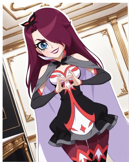 masterpiece, best quality, amazing quality, very aesthetic, absurdres, newest, solo, PraxinaZYN, 1girl, solo, purple hair, long hair, hair over one eye, blue eyes, makeup, lipstick, hair ornament, (dress, cape, shoulder cutout, detached sleeves, pantyhose, thigh boots), cowboy shot, looking at viewer, beautiful, ((beautiful face, beautiful eyes)), breasts, Wide Hips, Big thighs, standing,(smile, dutch angle, naughty pose, looking at viewer, indoors, elegant room, solo, dynamic pose, full_body, head tilt,),((white background, White frame, white outline))