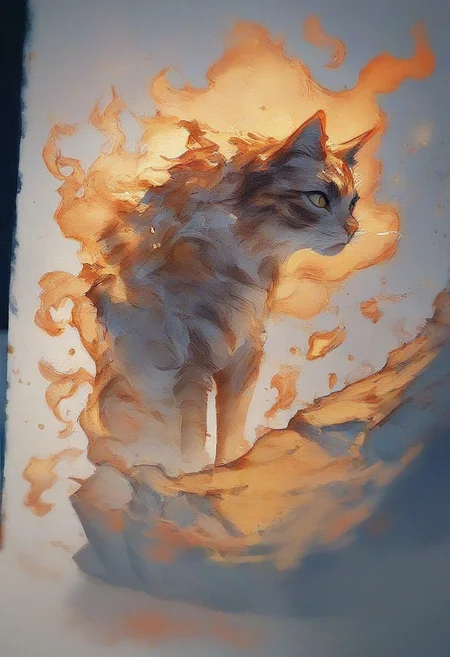 score_9, score_8_up, score_7_up, score_6_up, fantasy world, watercolor sketch style, 1c3_w1n73r, ice, burning yellow aura, soft color, cat,