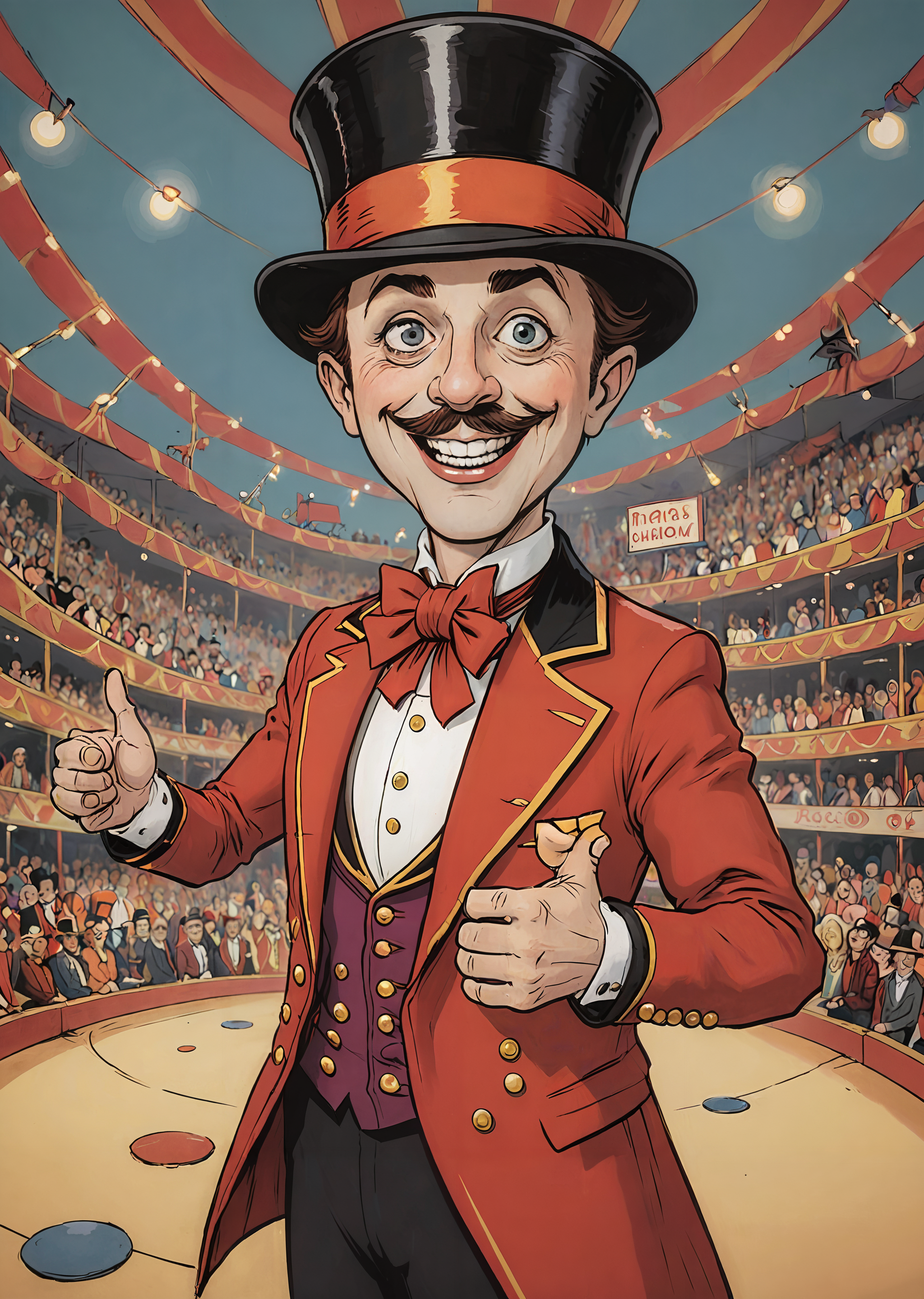 fisheye,  extreme  closeup view of ringmaster at the circus anouncing the greates show on earth , vivid colors, flat colors    <lora:extremely_detailed:-1> <lora:Cartoon_SDXL_V2-fixed:0.8>cartoon
