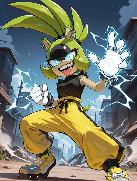 <lora:Surge_the_Tenrec_NS:1> surge the tenrec, fighting stance, tongue out, sharp teeth, electrokinesis, glowing eyes, outdoors,, masterpiece, best quality, amazing quality, very aesthetic, absurdres, new, newest,