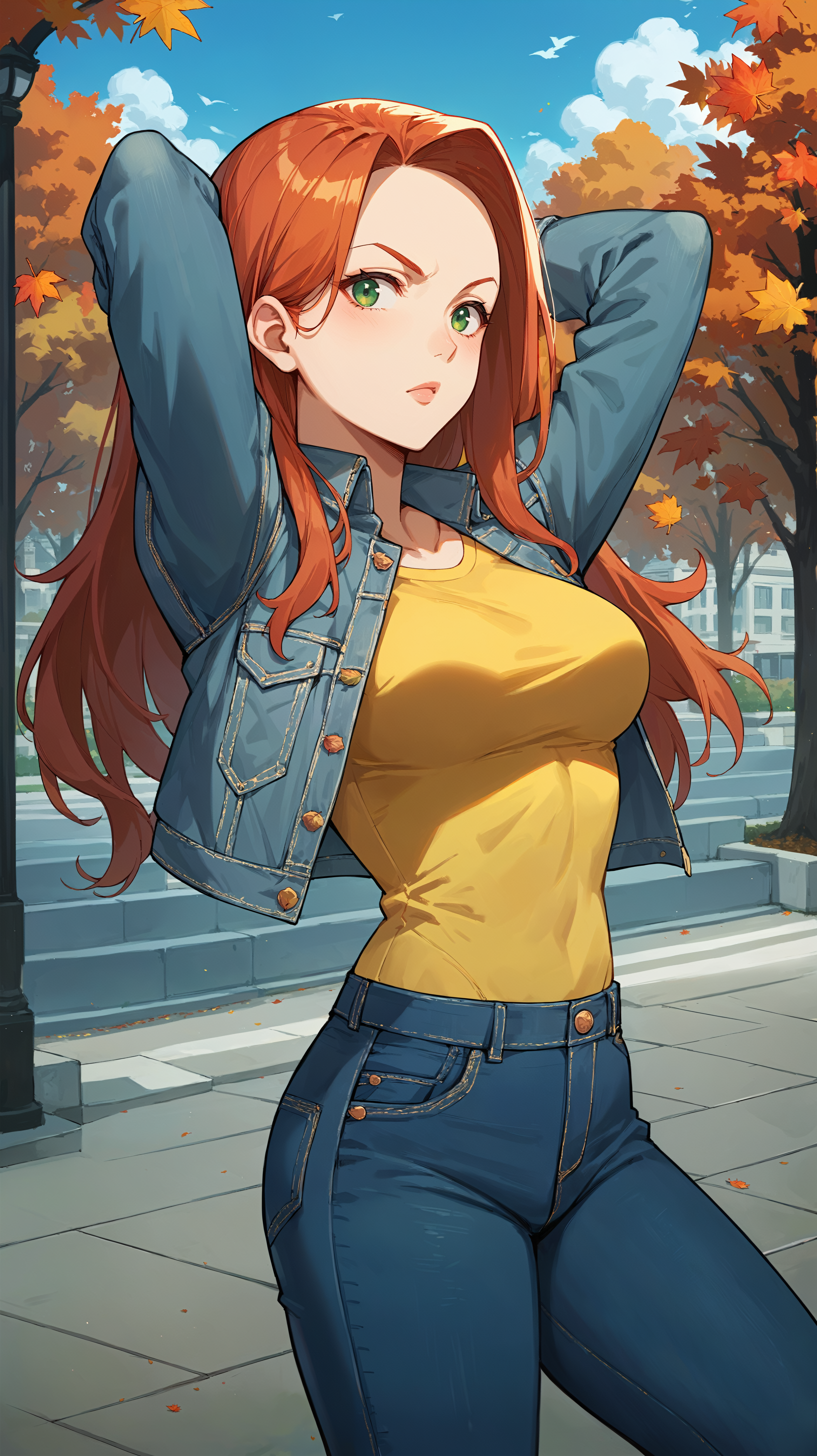 score_9,score_8_up,score_7_up,score_6_up, <lora:xl_more_art-full_v1:0.5>, source_anime, girl, dynamic pose, arms behind her head, <lora:Atom Eve - Pony:0.8>, long hair, red hair, green eyes, denim jacket, yellow top, jeans, city park, autumn leaves, autumn, plaza,