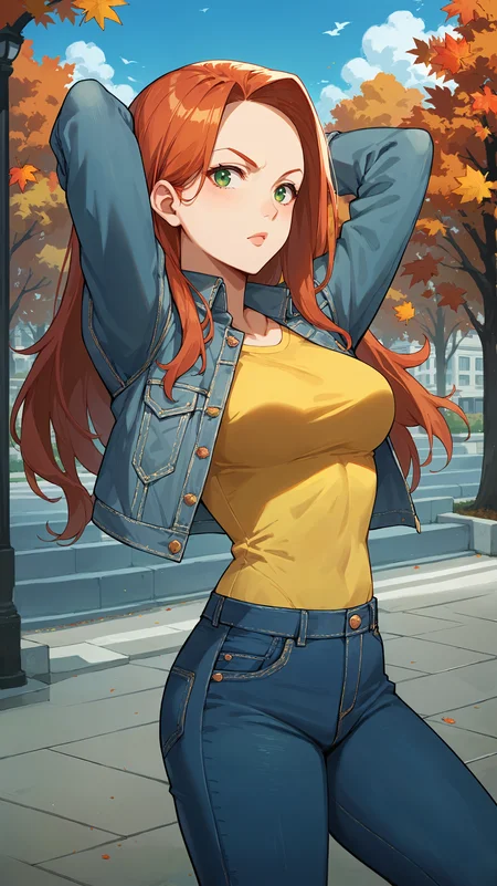 score_9,score_8_up,score_7_up,score_6_up, <lora:xl_more_art-full_v1:0.5>, source_anime, girl, dynamic pose, arms behind her head, <lora:Atom Eve - Pony:0.8>, long hair, red hair, green eyes, denim jacket, yellow top, jeans, city park, autumn leaves, autumn, plaza,