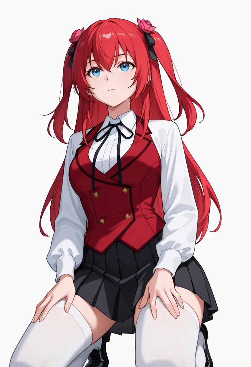 Smooth Quality,masterpiece,very intricate, high quality details, ultra realistic, high detailed skin,detailed enviorement,absurdres,
<lora:Amelia_Rose_CNR:0.8> amelia_cnr, red hair, long hair, two side up, hair between eyes,hair flower, amelia_def_cnr,white shirt, collared shirt,red vest, skirt, black skirt, pleated skirt, long sleeves,white thighhighs, zettai ryouiki, black ribbon, hair ribbon, neck ribbon,black footwear,, simple background, white background, from below,
kneeling, hands on thighs, head slightly tilted, neutral expression, focused gaze, ,, :|,