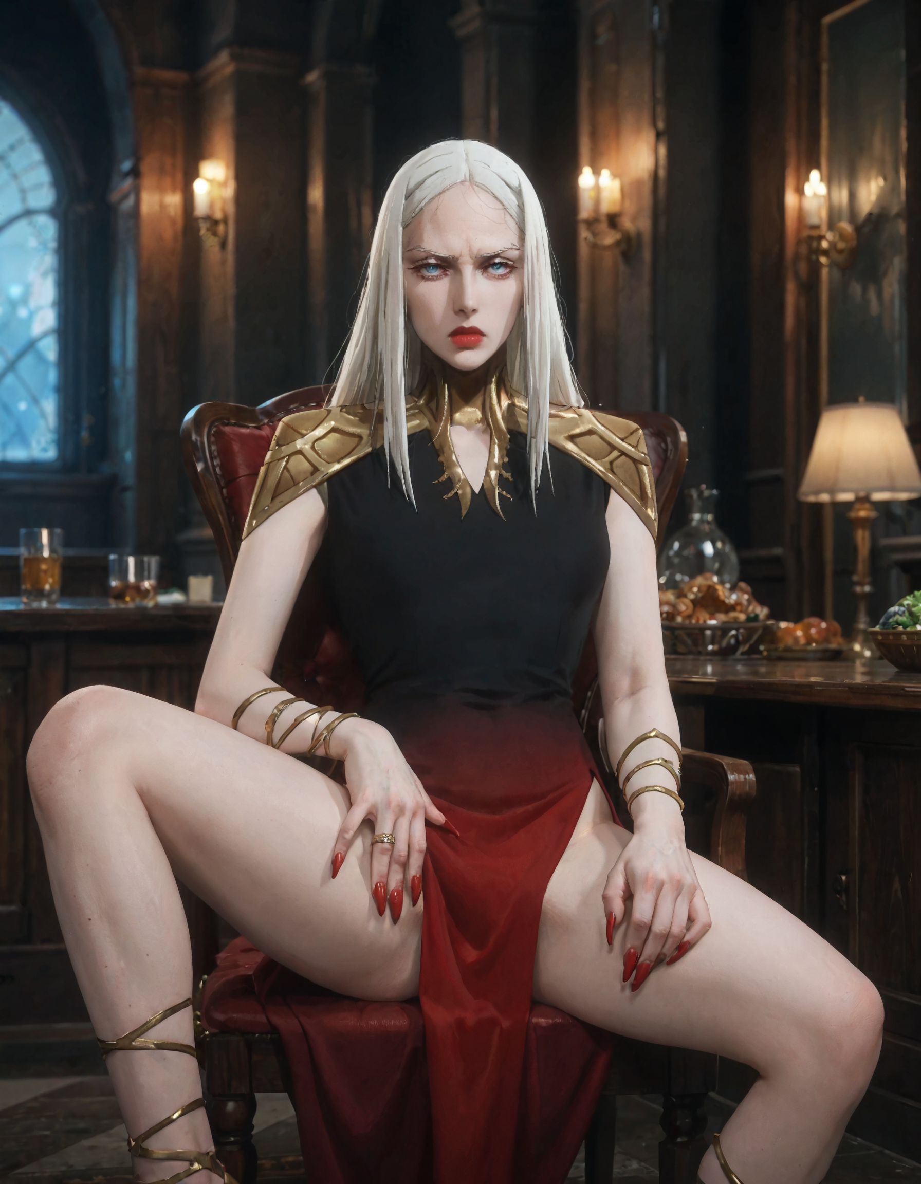score_9, score_8_up, score_7_up, score_6_up, dramatic lighting, ultra-detailed, intricate details, 8k, subsurface scattering, woman sitting on a fancy chair in a dark room, carmilla_castlevania, official dress, legs spread, bored, white hair, nighttime, long nails, medium breasts, solo <lora:Carmilla_-_Pony_r1:1>
