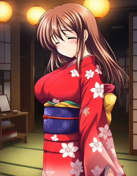 score_9, score_8_up, score_7_up, source_anime, rating_explicit, BREAK <lora:Yotsutani_Asako_Ver2.0_XL:1> YotsutaniAsako, solo, brown hair, large breasts, long hair,
japanese clothes, kimono, closed eyes, obi, red kimono, sash, long sleeves, floral print, blush,
Japan room,
sad,
looking at viewer,
cowboy_Shot,