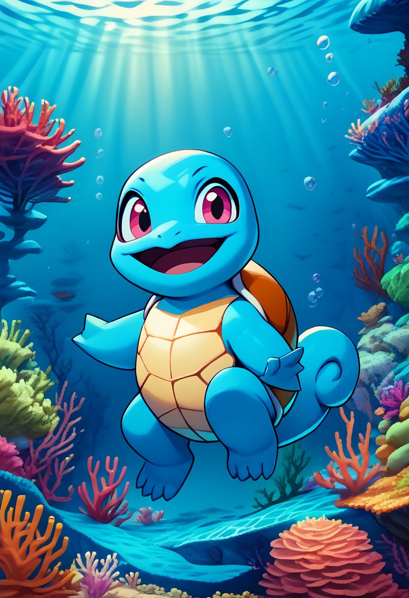 score_9, score_8_up, score_7_up,  vivid bright colors, 
zzSquirtle, looking at viewer, smile, open mouth, standing, full body, flower, :d, pink eyes, happy, bubbles, coral reef, underwater,