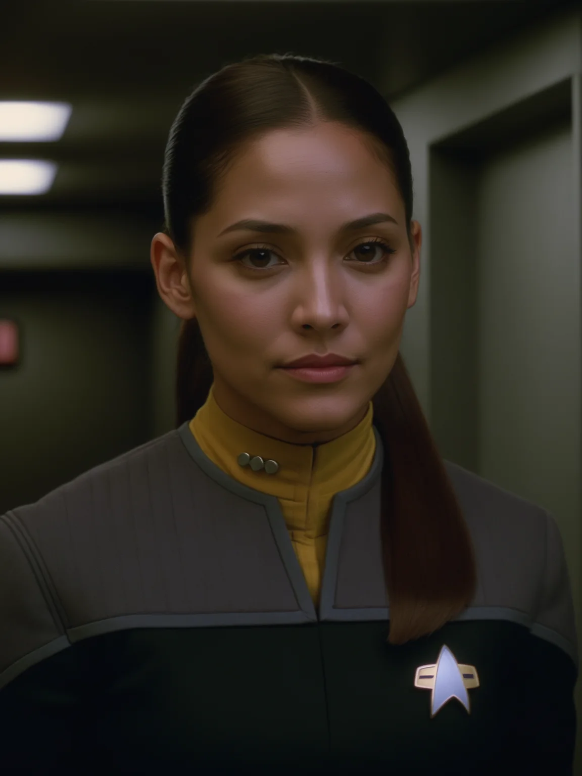 latino woman,brown hair,ponytail,black and grey ds9st uniform,yellow collar,in a hallway<lora:DS9XLVGRAD3:0.8>