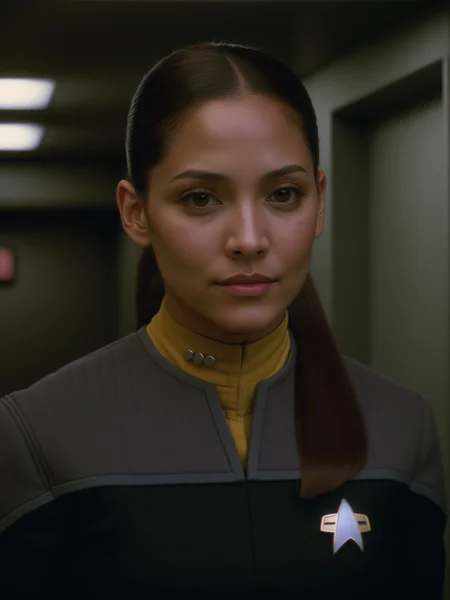 latino woman,brown hair,ponytail,black and grey ds9st uniform,yellow collar,in a hallway<lora:DS9XLVGRAD3:0.8>
