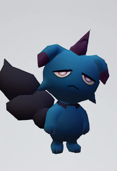 score_9, score_8_up, score_7_up, source_anime BREAK 1boy, solo,
<lora:zs_N64ZeldaStyleXL:1> n64zeldastyle, 3d, polygonal, white background, full body, Depresso, blue body, purple hair, pink eyes, black tail