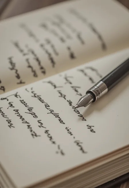 A close-up of a delicate quill pen, its tip dipped in ink, lying next to an open journal filled with elegant handwriting. bv-daraca<lora:bv-dark-academia-v1.safetensors:1.0:1.0>