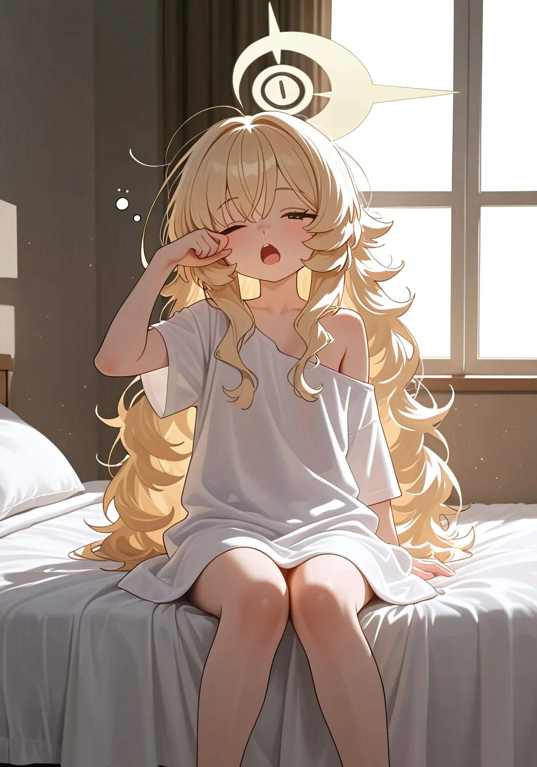 (best quality,8K,masterpiec:1.3),very aesthetic, absurdres,finely detail,game cg,female focus, dynamic pose, delicate facial features, clean lineart,
professor niyaniya \(blue archive\),solo,
sleepy_expression, yawning (mouth_slightly_open), rubbing_eyes (right_hand_on_eye),
messy_bed_hair, ahoge, half_open_eyes (drowsy), flushed_cheeks, morning_sunlight (window_backlight),
bedroom_setting, rumpled_bedsheets, warm_glow, soft_focus,
cute_pose (sitting_on_bed, legs_tucked, shoulders_slumped),
sleepy_aura, droopy_eyelids, faint_smile, pillow_crease_on_cheek,perfect hand,hand focus,cross feet,perfect feet