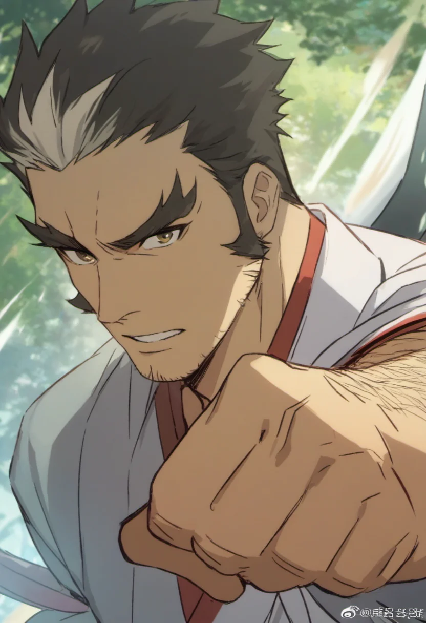 1boy, genji, long sideburns, thick eyebrows, multicolored hair, samurai outfit, forest environment, score_8_up, score_7_up, score_6_up, score_9_up, face_focus, fantasy, ((middle-age man)), hairy, attack pose, muscular, centered, looking at viewer, 8k uhd, high quality,