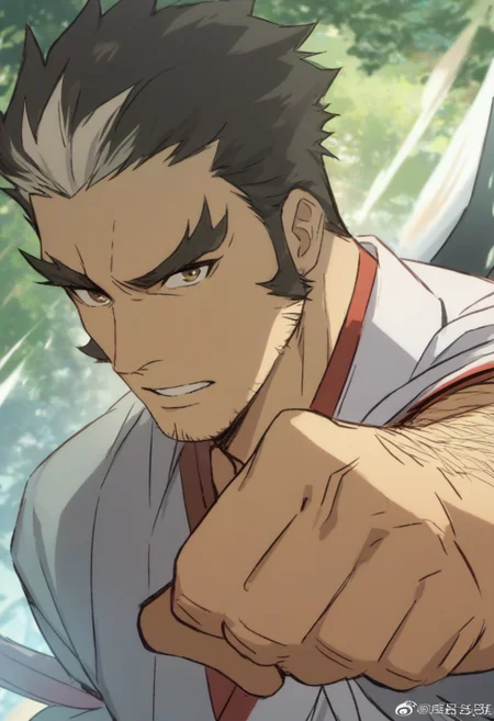 1boy, genji, long sideburns, thick eyebrows, multicolored hair, samurai outfit, forest environment, score_8_up, score_7_up, score_6_up, score_9_up, face_focus, fantasy, ((middle-age man)), hairy, attack pose, muscular, centered, looking at viewer,  8k uhd, high quality,