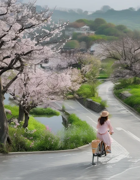XLCNYoucaiHK,A vibrant photograph captures a serene scene in a Japanese countryside. A woman in a pink dress and wide-brimmed hat rides a bicycle along a winding road, surrounded by blooming cherry blossoms and bright yellow flowers. Traditional Japanese houses with tiled roofs and lush greenery fill the background, with distant mountains under a cloudy sky.
<lora:20250330-1743320668957:0.8>,