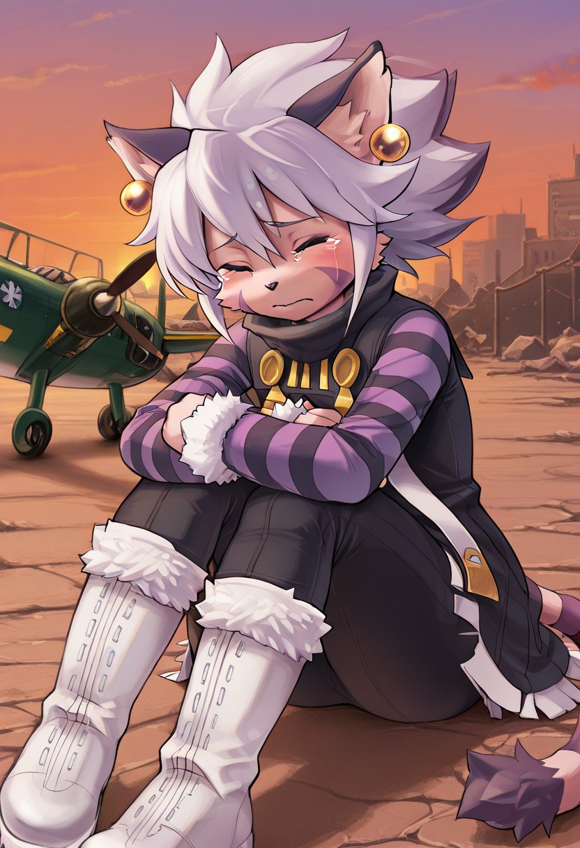 1girl, solo, anime, very aesthetic, scrapyard, worn out yellow amphibious airplane, evening, furry female, cat ears, orange eyes, short hair, white hair, facial mark, animal nose, striped tail, elhattire, earrings, fur trim, striped sleeves, white boots, black pants, cute, sitting on ground, hugging legs, crying, tears, eyes closed