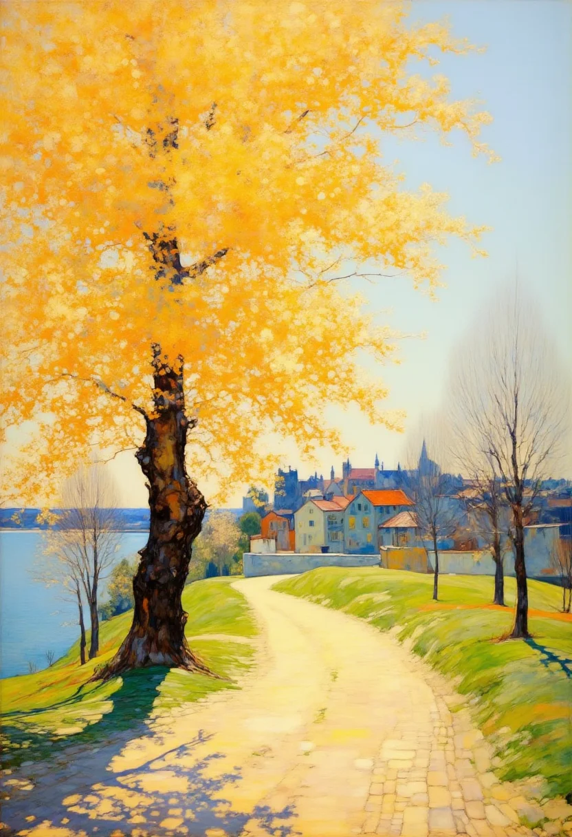 An impressionistic oil painting, likely executed in a realist style. The painting depicts a serene, sunlit scene in a park or garden. The central focus is a large, mature tree with a thick, gnarled trunk and abundant, golden-yellow foliage, indicating early spring. The tree stands on a grassy knoll to the left of the image, casting long, dappled shadows on the ground. In the foreground, a paved path winds through the scene, leading the eye towards the background. The path is made of cobblestones and is illuminated by the sunlight, creating a warm, inviting atmosphere. On the right side of the path, a row of leafless trees, their branches bare and delicate, suggests the season is early spring or late winter. In the background, a cluster of buildings with red and gray roofs and white walls are visible, hinting at a small village or town. The buildings are set against a backdrop of a calm, blue lake or river, with a faint horizon line indicating the water's edge. The sky is clear and bright, with a soft blue hue, and the overall composition exudes a sense of tranquility and natural beauty.