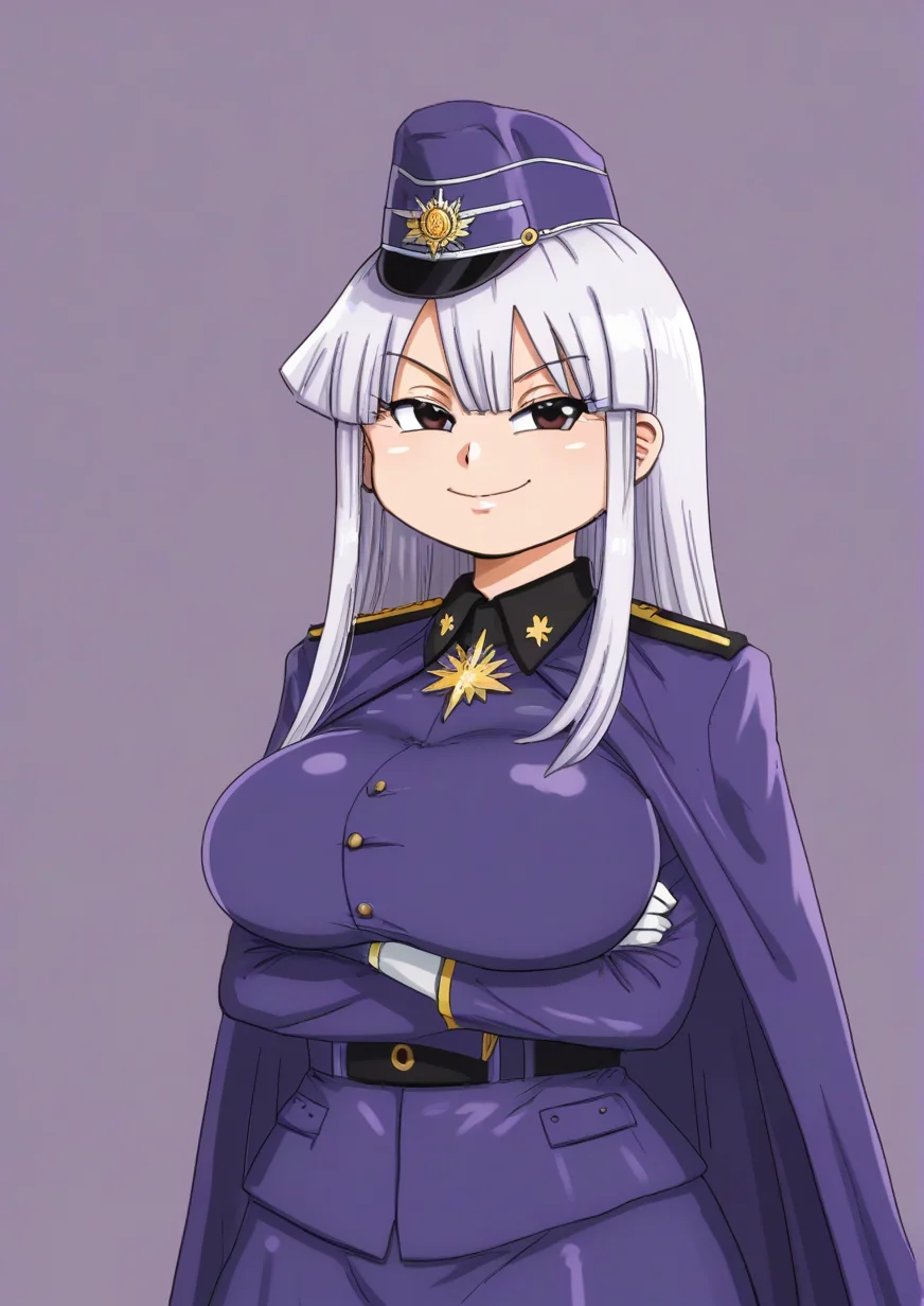 1girl, perfecti, huge breast,cape, flyers, gloves, hat, long hair, looking at viewer, military, military uniform, parody, peaked cap, purple background, purple theme, smile, smug, solo, uniform, white hair,<lora:ãããKiliu:1>