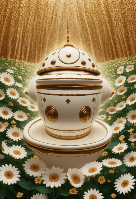 A white and gold porcelain teapot with a flowers. with a "soviet red_star" emblem (pmg style, h1ppyCE style, hippy)