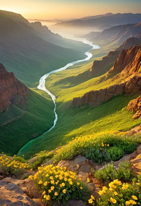 Sweeping aerial view, expansive rugged mountains merging with a vibrant coastal shore, bordered by emerald forests and arid desert dunes, intimate close-up of dew-kissed wildflowers and textured leaf patterns, dramatic eye-level perspective of tranquil valley vistas enveloped in soft morning mist, low-angle capture of ancient rocky outcrops under golden light, intricate natural gradients, detailed textures, and luminous highlights, 8k masterpiece quality, atmospheric serenity, emotive shadows, vibrant color palette, crystalline clarity, spatial composition and organic harmony.