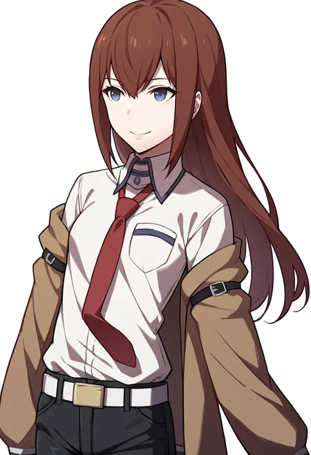 score_9, score_8_up, score_7_up, source_anime BREAK 1girl, solo,
<lora:zs_AwakeningPortraitsXL:1> awakeningportraits, portraits, white background
 <lora:steinsgate_makise_ponyXL:1> makise kurisu, brown jacket, off shoulder, white shirt, red necktie, black shorts, pantyhose, legwear under shorts, white belt, smile, closed mouth
