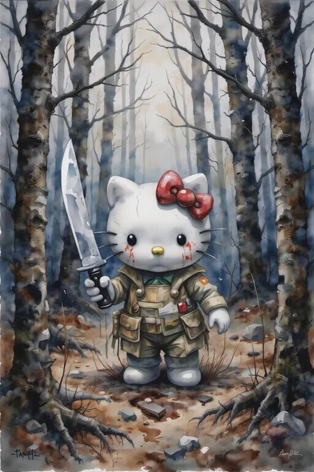 yawc1 watercolor.
Hello Kitty in the middle of the forest holding a knife, the atmosphere and the character looks scary, Hello Kitty is hidden by the shadows. <lora:yawcolor_nocap_d6a3:1.0> <lora:Flux-Sch-SingleBlocks-BF16:1.0><lora:799114129249000232:0>