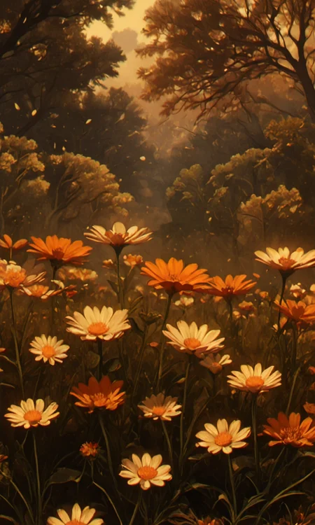 Photograph of a field of daisies at sunset vibrant orange and yellow flowers soft focus dreamy atmosphere high aesthetic quality rule-of-thirds composition leading lines from the stems warm and cool color contrast serene and peaceful mood very high quality<lora:- NAI - PdJ_highres_counterweight_V.2.0-step00021000:0.7> <lora:- NAI - ac_illustration_V1.0-step00011000:.2> <lora:HyperdetailedColoredPencilIl:0.4>