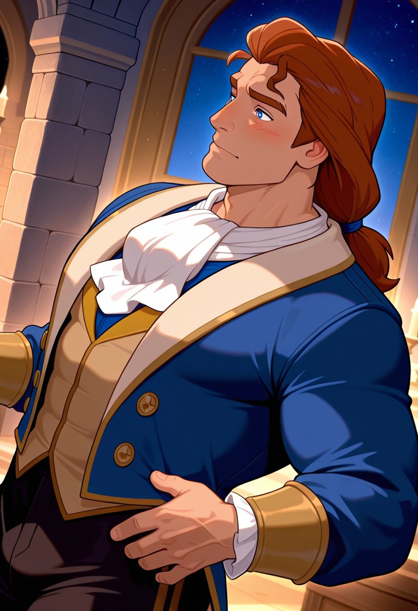 masterpiece,best quality,amazing quality,very aesthetic,absurdres,newest, huge filesize, Prince_Adam_BTB, 1man male focus, solo, auburn hair, lean and muscular, mature, long hair, strong, tall, manly, masculine, classy, soulful eyes,  artistic, sideview, topview,  score_9, score_8_up, score_7_up, Masterpiece, Best Quality, beautiful eyes, detailed eyes, male focus, dynamic angle, dim lighting, blush lines, male focus, solo, face focus, front view, cowboy shot, standing, indoors, medieval castle, ballroom ((male)), ((mature)), ((adult)), handsome, sexy, ((slender)), ((pecs)), ((bara)), ((twunk)), 
Prince_Adam_BTB, 1man, auburn hair, blue eyes, Adam_ball_outfit, ponytail, blue frock coat, yellow lapels, yellow cuffs, beige vest, black trousers, white frill collar, brooch on the collar, brown boots, neutral and regal look, night time, starry night