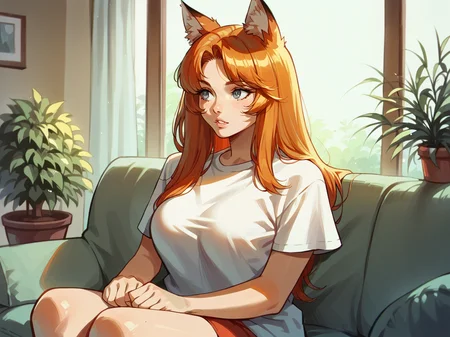 score_9, score_8_up, score_7_up, score_6_up, 1girl, curvy, <lora:1ly4XLP:1> 1ly4, (long hair), fox ears, ginger, grey eyes, large breasts, t-shirt,<lora:EXPERIMENTBUILDINGS_-indoors:1> flwindoors, potted plant, window, couch, retro