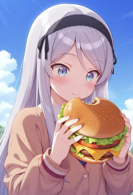 masterpiece,best quality,amazing quality, houjou shisei, long hair, blue eyes, grey hair, 1girl, food, solo, burger, holding, sky, blush, blue sky, hairband, holding food, outdoors, day, upper body, long sleeves