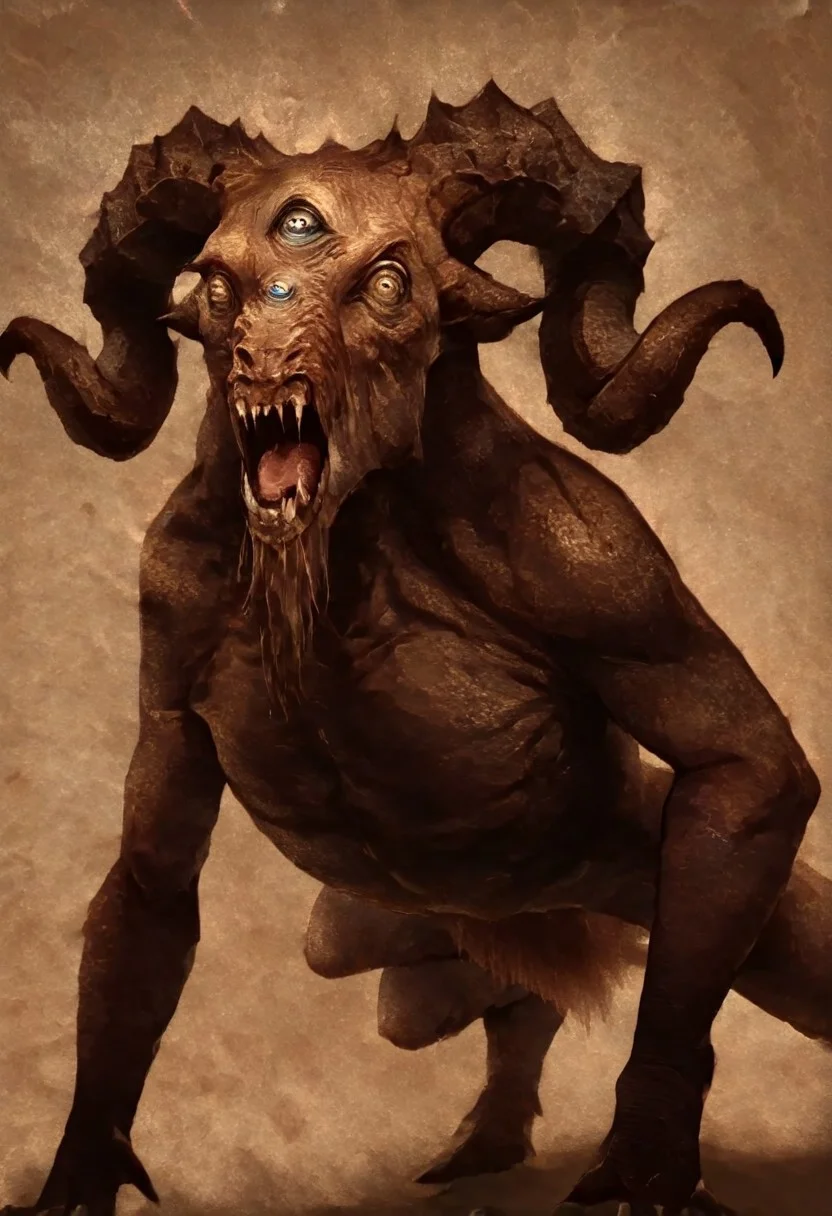 masterpiece, best quality, newest, absurdres, highres, D3CSPS-V1.0, brown theme, sepia, no humans, monster, W3Chort, 3 eyes, third eye, extra eye, horns, no humans, open mouth, monster, solo