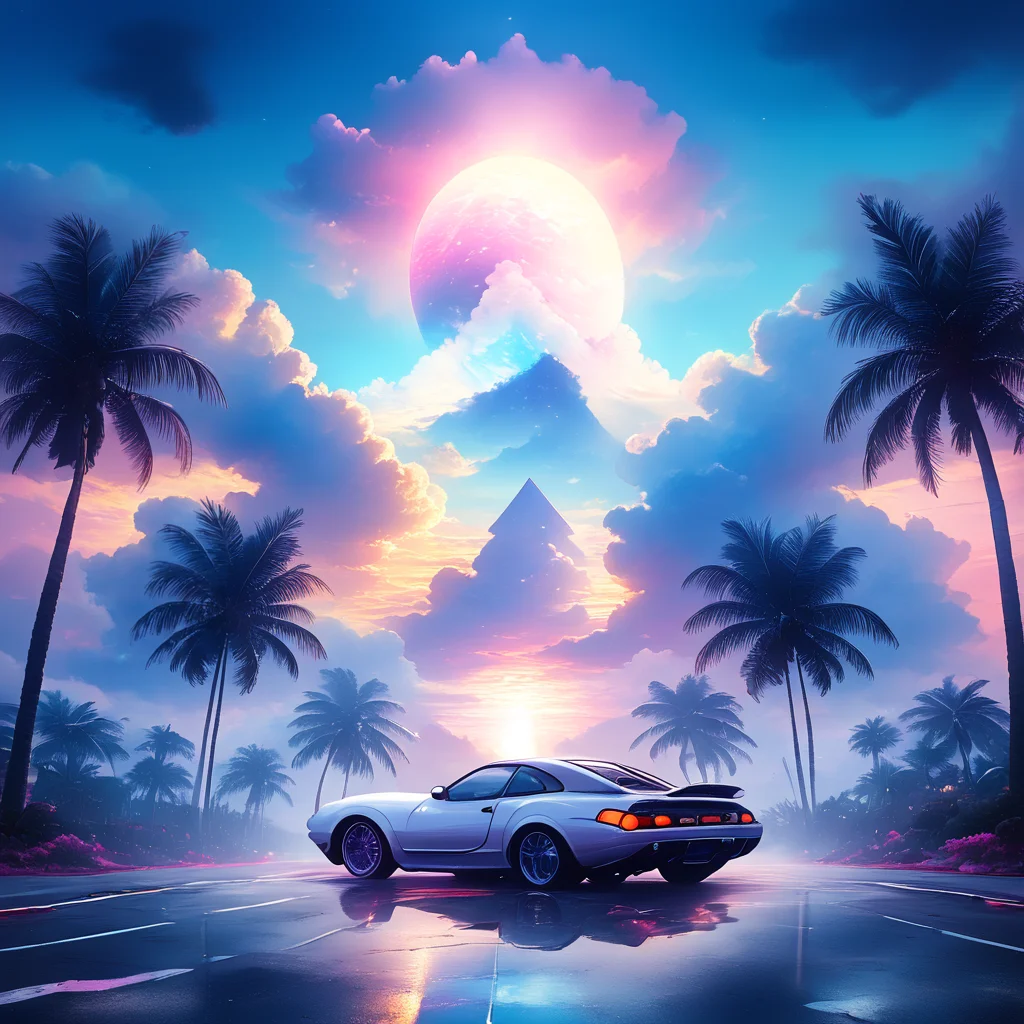 score_9, score_8_up, score_7_up, <lora:VaporwavePonyV2:1> ArsMJStyle, Vaporwave, ArsMJStyle, Synthwave Horizon, The image presents a classic synthwave sunset scene. A grid floor extends to the horizon where a giant sun sets. Chrome spheres and pyramids reflect neon light. Digital palm trees line the scene, while a retro car speeds towards the vanishing point., no humans, sunset, grid, chrome, neon, palm tree, retro car, 80s aesthetic, reflection, geometric shapes, perspective, digital landscape