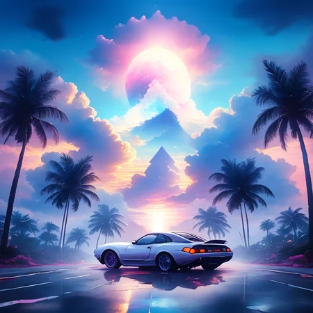 score_9, score_8_up, score_7_up, <lora:VaporwavePonyV2:1> ArsMJStyle, Vaporwave, ArsMJStyle, Synthwave Horizon, The image presents a classic synthwave sunset scene. A grid floor extends to the horizon where a giant sun sets. Chrome spheres and pyramids reflect neon light. Digital palm trees line the scene, while a retro car speeds towards the vanishing point., no humans, sunset, grid, chrome, neon, palm tree, retro car, 80s aesthetic, reflection, geometric shapes, perspective, digital landscape