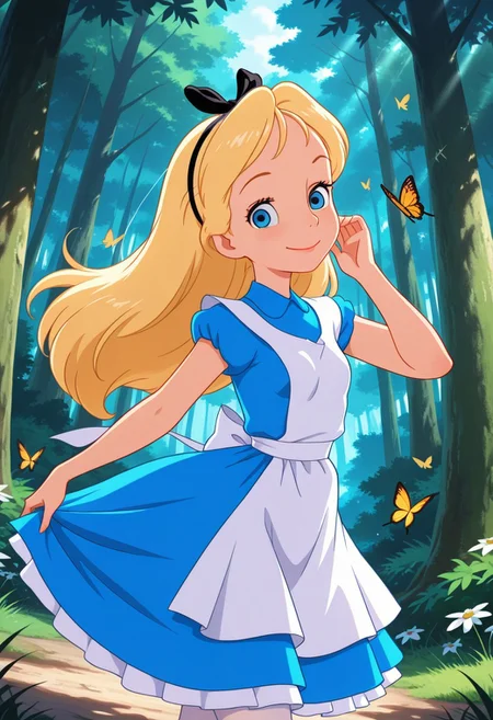 masterpiece, best quality, amazing quality, very aesthetic, absurdres, newest, detailed background, outdoors, dynamic angle, forest, butterflies, 4k, 8k, (official style:1.2)
alicexd, 1girl, solo, blonde hair, long hair, hairbow, blue dress, white apron, bow, cowboy shot, white tights, small breasts, looking at viewer, blue eyes, smile, dancing,
<lora:Alice_-_Disney_Illustrious:1>