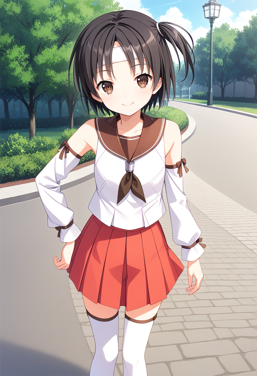 1girl, solo, park, cowboy shot, standing,  <lora:KC_02LC_nagara_pony-000024:1> nagarakc, black hair, short hair, one side up, brown eyes, headband,    nagaradefkc, brown sailor collar, serafuku, bare shoulders, detached sleeves, red skirt, miniskirt, pleated skirt, white thighhighs,, score_9,score_8_up, score_7_up, source_anime, masterpiece, best quality,  official art, official style, game cg, megami magazine, rating_safe, rating_questionable, <lora:Fixhands_anime_bdsqlsz_V1:0.75>, NEGATIVE_HANDS
