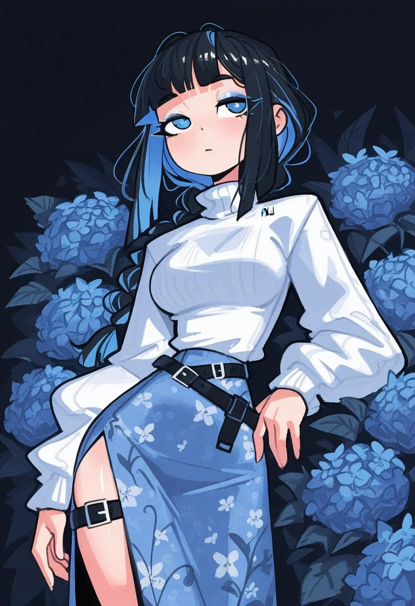 1girl , solo , blunt bangs , long braided ponytail , black hair , (blue hair highlights) ,white turtleneck sweater , side thigh long skirt , sidelocks , long sleeves , blue eyes ,emotionless ,half-open eyes , wide hip , medium breasts , blue eyeliner , (thigh belt) , long eyelashes , floral print , blue hydrangeas, floral print on skirt ,
masterpiece, best quality ,amazing quality , 4ndaerz_illu, Karinami Inkblush mode ,
