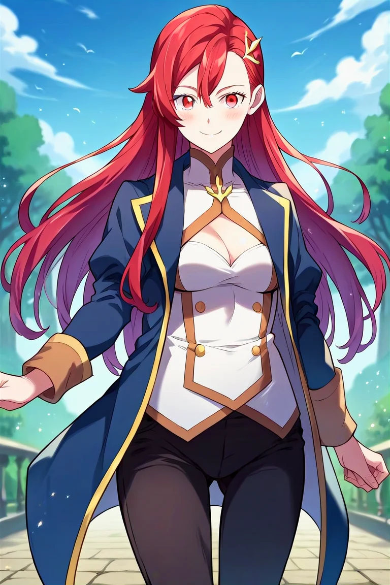 score_9, score_8_up, score_7_up, score_6_up, score_5_up, score_4_up, rating_questionable, , source_anime, digital illustration, pixiv, fanbox, uncensored, , BREAK, official art,
1girl, solo, female, camus, red hair, long hair,hair ornament,
white dress, cleavage cutout, blue coat, black pants, light smile , outdoors, blush, looking at viewer, cowboy shot, <lora:Camus_Pony-09:0.9>