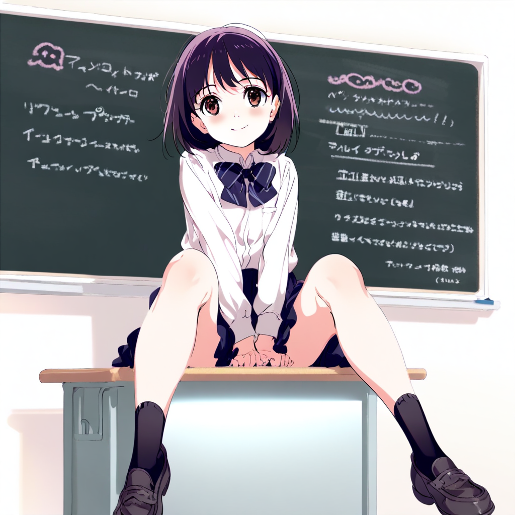 great quality,almic,(akakura,ogipote,sincos:0.7),1girl,solo,feet out of frame,black socks,loafers,legs,,girl sitting on desk,white shirt,skirt,v arms,smile,chalkboad,(white wall:0.7),indoors,