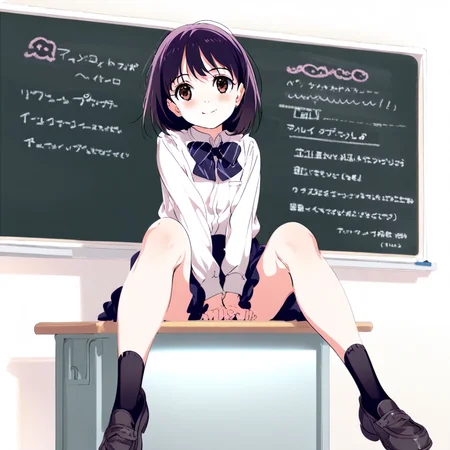 great quality,almic,(akakura,ogipote,sincos:0.7),1girl,solo,feet out of frame,black socks,loafers,legs,,girl sitting on desk,white shirt,skirt,v arms,smile,chalkboad,(white wall:0.7),indoors,