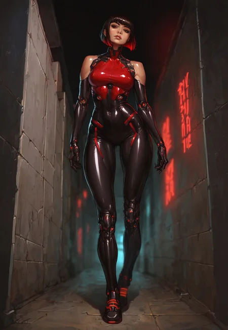 score_9, score_8_up, score_7_up, cyberpunk, 1girl, solo, asian, cyborg, two-tone hair, bob cut, eyeshadow, shiny skin, bodysuit, robot joints, sleeveless, semi-realistic, standing, wide hips, fit, looking at viewer, pinup pose, from below, hallway, red eyes, backlightning, rimlight, glowing, depth of field, dutch angle, full body, g0thicPXL, neon