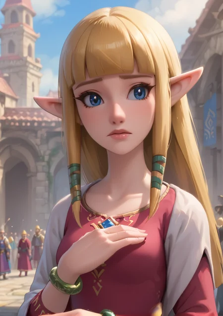1girl, solo,
score_6, score_7, score_8, score_9, masterpiece, best quality, highly detailed,
 <lora:Princess_Zelda_-_Skyward_Sword:1> elf ears, blue eyes, blunt bangs, blonde hair, sidelocks, bracelet,