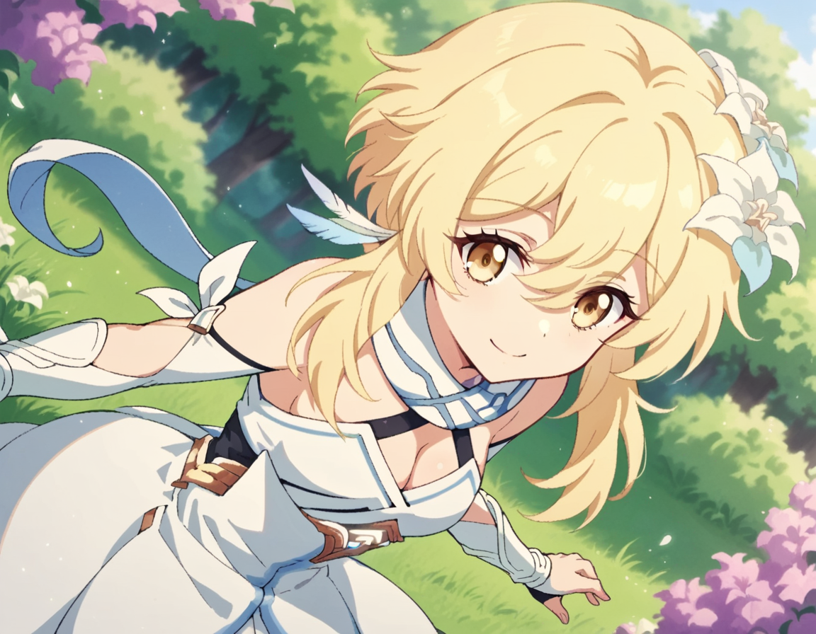 score_9, score_8_up, score_7_up, source_anime,
genshinlumine, <lora:genshin-lumine-2024-short-ponyxl-lora-nochekaiser:1>,
lumine, bangs, blonde hair, hair ornament, hair between eyes, yellow eyes, flower, hair flower, feather hair ornament,
dress, bare shoulders, detached sleeves, scarf, white dress, white footwear, cleavage, detached collar,
outdoors, nature, forest, bent over, smile,
looking at viewer, solo, dutch angle, cowboy shot,