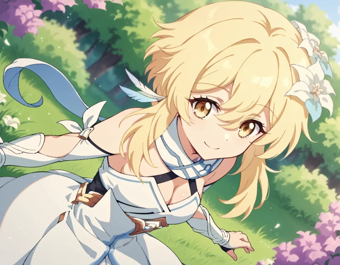 score_9, score_8_up, score_7_up, source_anime,
genshinlumine, <lora:genshin-lumine-2024-short-ponyxl-lora-nochekaiser:1>,
lumine, bangs, blonde hair, hair ornament, hair between eyes, yellow eyes, flower, hair flower, feather hair ornament,
dress, bare shoulders, detached sleeves, scarf, white dress, white footwear, cleavage, detached collar,
outdoors, nature, forest, bent over, smile,
looking at viewer, solo, dutch angle, cowboy shot,