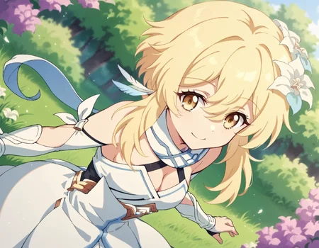 score_9, score_8_up, score_7_up, source_anime,
genshinlumine, <lora:genshin-lumine-2024-short-ponyxl-lora-nochekaiser:1>,
lumine, bangs, blonde hair, hair ornament, hair between eyes, yellow eyes, flower, hair flower, feather hair ornament,
dress, bare shoulders, detached sleeves, scarf, white dress, white footwear, cleavage, detached collar,
outdoors, nature, forest, bent over, smile,
looking at viewer, solo, dutch angle, cowboy shot,